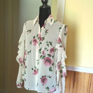 W by Worth Floral Lightweight Blouse with Ruffled Long Sleeves